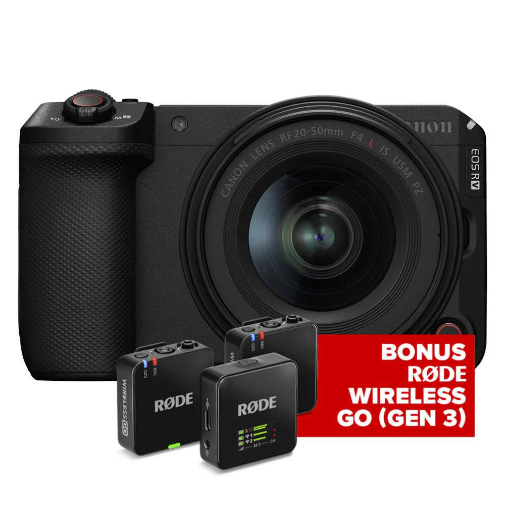Canon EOS R6 V with RF 20-50mm f/4L IS USM PZ Lens and Rode Wireless GO (Gen 3) Compact Microphone System