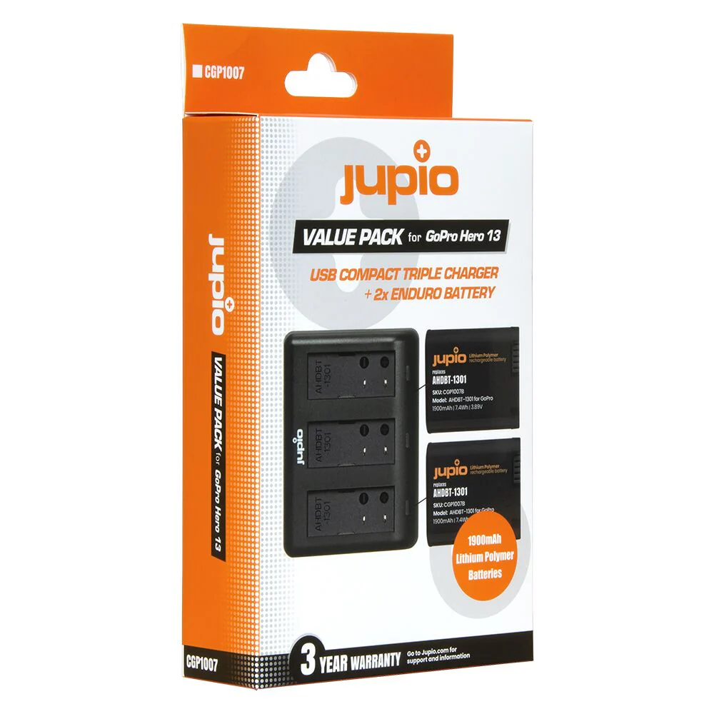Jupio GoPro Hero 13 Value Pack: 2 x AHDBT-1301 Batteries & Triple Charger - Image 2