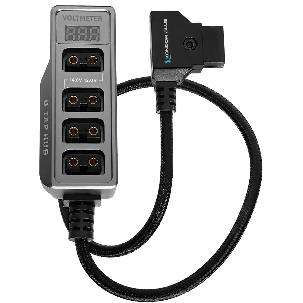 Kondor Blue Male D-Tap to 4-Port Female D-Tap Splitter Hub with Voltmeter (16")